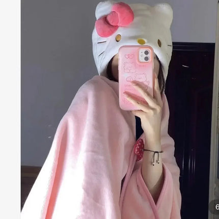 Hellokitty Air Conditioning Blanket Hooded Cute Cloak Student Dormitories Office Blanket Shawl Home Furnishings For Homemakers