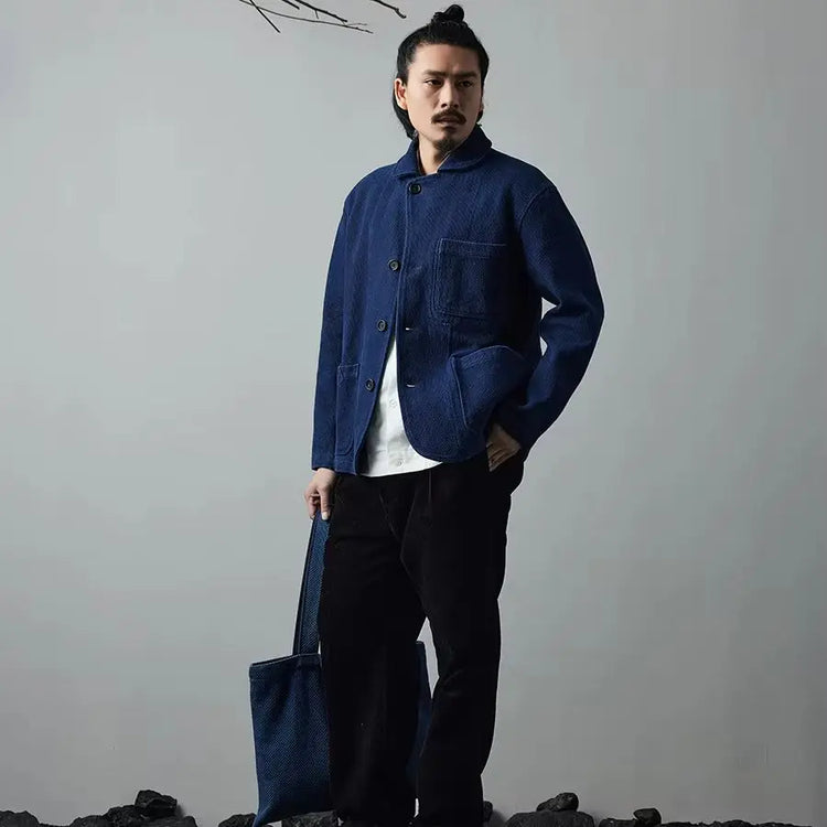Indigo Blue Dyed Suit Jacket Heavy Sashiko Casual Japanese Retro Washed Coat Jacket