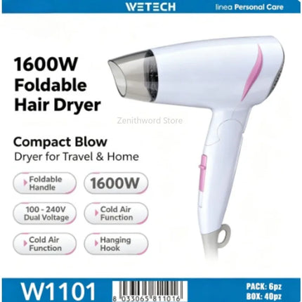 1600W Foldable Travel Hair Dryer 100‑240V Dual Voltage Portable Compact Blow Dryer With Cold Air Function For Household Travel Hotel Use