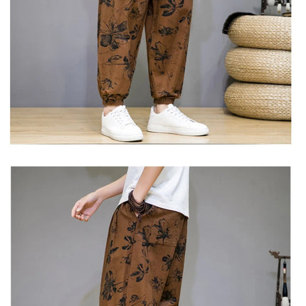 Pantaloni Primavera-Estate da Uomo in Stile Cinese, Sottili e Traspiranti in Cotone e Lino, con Vita Elastica, Pantaloni Harem Stampati Casual e Comodi