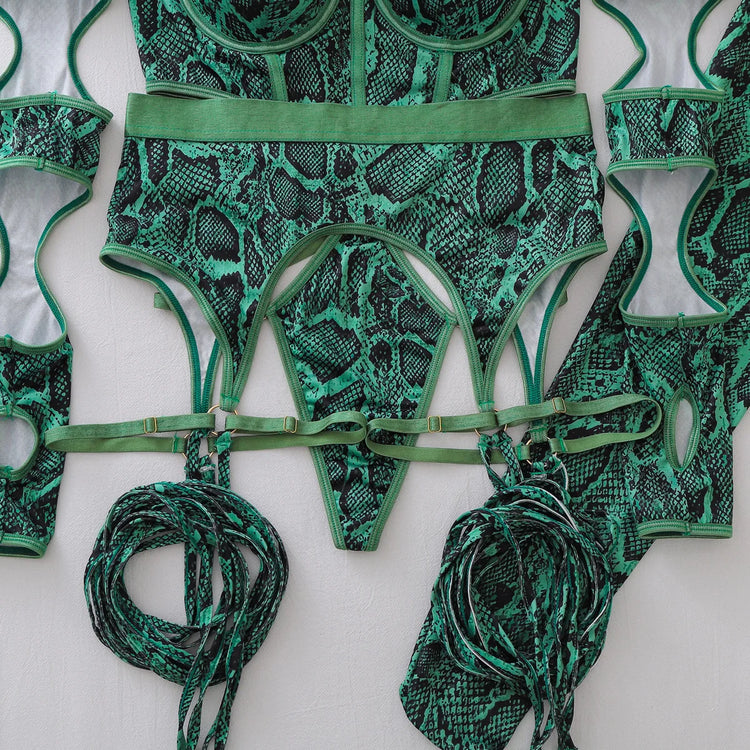 Tornova Erotic Lingerie Personalized Snake Pattern Hollow Strap Design Bodyshaping Sexy Delicate Hot Lingerie Set with Stockings