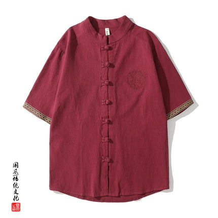 Camicie da Uomo Ricamate in Stile Cinese Retrò, Traspiranti in Lino, Comode, Casual Kung Fu, Abito Tang con Colletto Rialzato