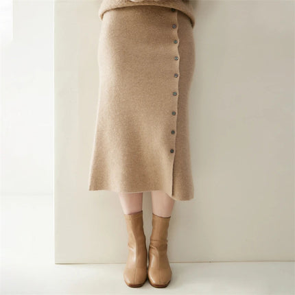 Women 100% Cashmere Skirts Office Lady Autumn Winter Knitted High Waist A-Skirt Graceful Long Warm front-open skirt with buttons PlatiNum
