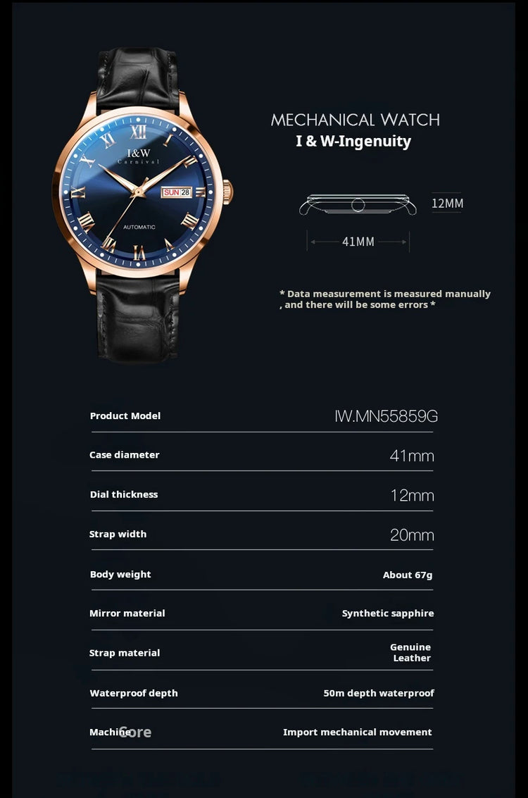 Carnival Brand High-end Series I&W Mechanical Watches Luxury Sapphire MIYOTA Movement Automatic Watches HD Luminous Reloj Hombre