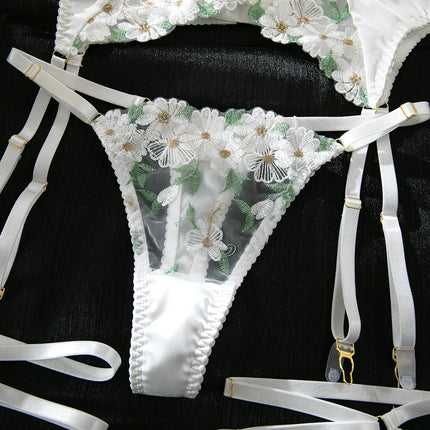 Elegant White Floral Embroidered Sheer Lace Lingerie Set Strappy Underwire Bra Garter Belt Thong Intimate Nightwear Apparel Lady