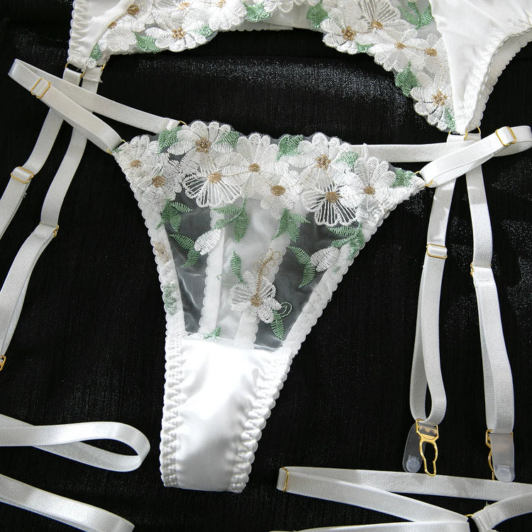 Elegant White Floral Embroidered Sheer Lace Lingerie Set Strappy Underwire Bra Garter Belt Thong Intimate Nightwear Apparel Lady