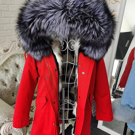 Winter Long Jacket Real Fur Coat Women Clothes Large Silver Fox Fur Collar Detachable Natural Fox Lining Parkas Leather Fur