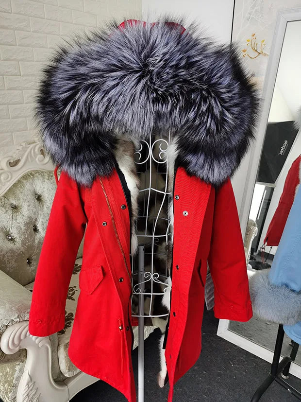 Winter Long Jacket Real Fur Coat Women Clothes Large Silver Fox Fur Collar Detachable Natural Fox Lining Parkas Leather Fur