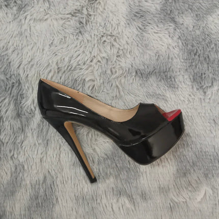 LOSLANDIFEN Women Pumps Sexy Peep Toe Platform 14cm Super High Heels Patent Leather Shoes Red Wedding Stilettos Large Size 44 PlatiNum