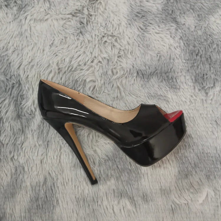 LOSLANDIFEN Women Pumps Sexy Peep Toe Platform 14cm Super High Heels Patent Leather Shoes Red Wedding Stilettos Large Size 44 PlatiNum