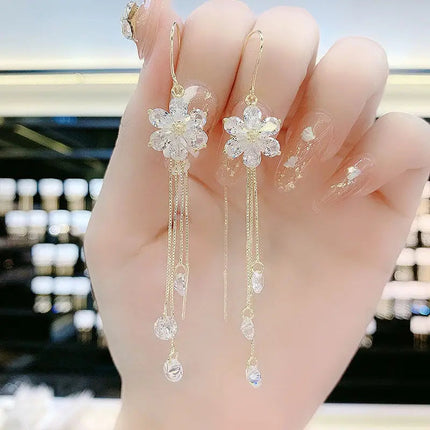 Green Shiny Zircon Flower Drop Earrings For Women Luxury Crystal Long Tassel Ear Line Hanging Earring Girls Wedding Jewelry Gift PlatiNum