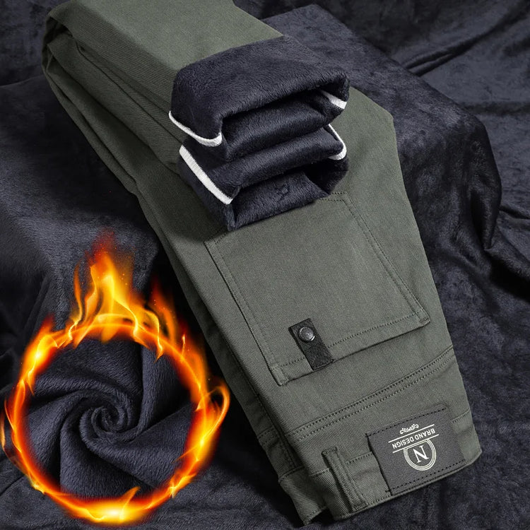 2024 New Winter Fleece Casual Pants Men's Straight Slim Thick Warm Male Business Fashion Casual Elastic Comfort Velvet Trousers