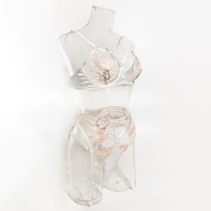 Krasapt Luxury Floral Embroidery Lingerie 2Pcs Sets Sensual Mesh See Through Bra And Panty Garter Erotic Suits Delicate Bilizna