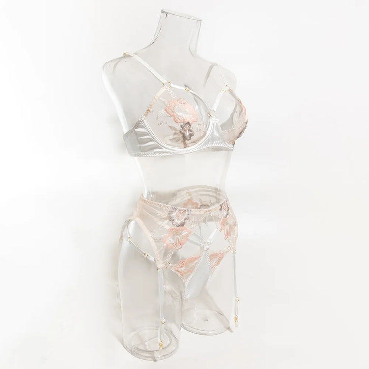 Krasapt Luxury Floral Embroidery Lingerie 2Pcs Sets Sensual Mesh See Through Bra And Panty Garter Erotic Suits Delicate Bilizna