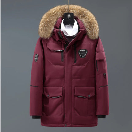 Winter Men's Warm Mountain SKi Parkas Fashion Men Fur Collar Mid-Long Down Padded Coats Men Windbreaker Thermal Hooded Jackets
