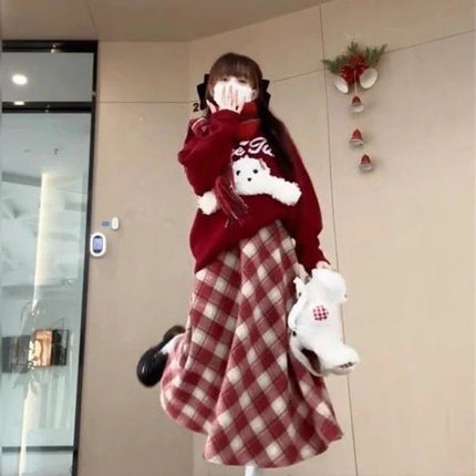 Red Plaid Midi Skirt Women Fall Winter Vintage High Waist Sweet Woolen Cloth Skirts Retro Loose Preppy Aesthetic Female Skirt PlatiNum