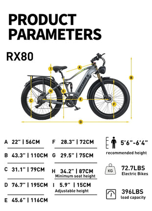 BURCHDA RX80 Bicicletta Elettrica per Adulti, Motore 1000W, Batteria 48V20AH960WH, E-bike con Pneumatici Fat da 26 Pollici per Tutti i Terreni, 45KM/H, E-Mountain Bike