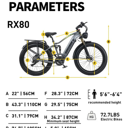 BURCHDA RX80 Bicicletta Elettrica per Adulti, Motore 1000W, Batteria 48V20AH960WH, E-bike con Pneumatici Fat da 26 Pollici per Tutti i Terreni, 45KM/H, E-Mountain Bike