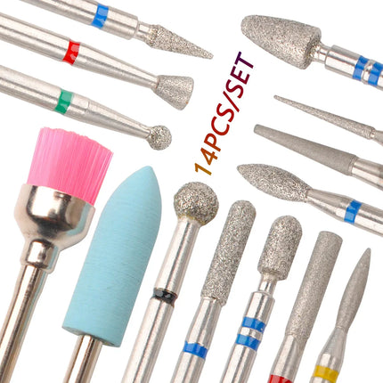 14Pcs Set Rotary Grinding Buffer Polisher Replacement Nail Drill Bit Kit For Gel Nail Removal Manicure Pedicure Machine Salon Household Nail Treatment