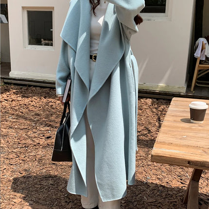 High-end Women Double-sided Wool Long Coat Warm Baby Blue Lapel Loose Double Breasted Wool Coat Female Fashion Autumn Winter