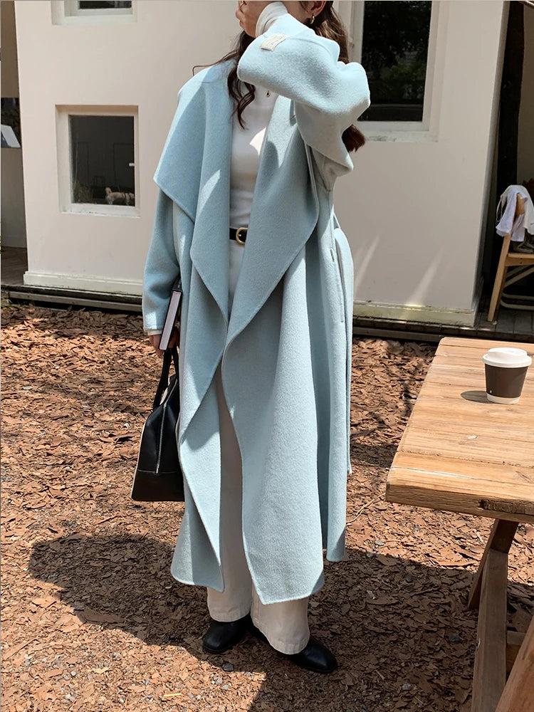 High-end Women Double-sided Wool Long Coat Warm Baby Blue Lapel Loose Double Breasted Wool Coat Female Fashion Autumn Winter