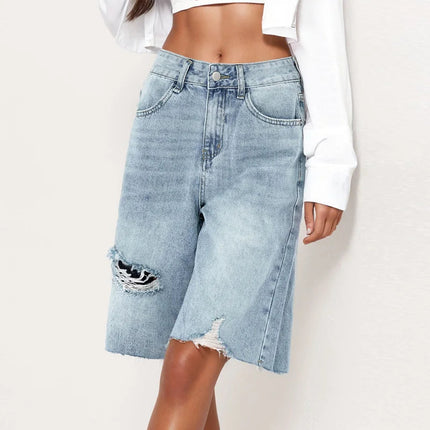 Benuynffy Bf Style Raw Hem Denim Shorts Women's Streetwear High Waist Hip Hop Loose Ripped Straight Wide Leg Half Shorts Jeans PlatiNum