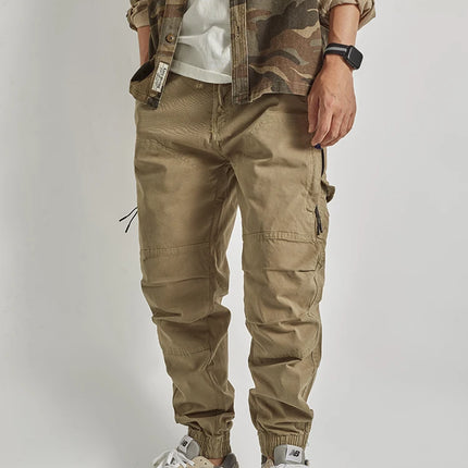 Autumn New American Retro Woven Cargo Pants Men's 97.5% Cotton Washed Elastic Waist Drawstring Loose Casual Anke-tied Trousers