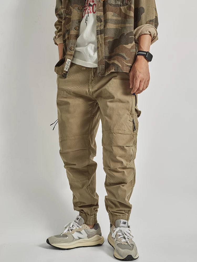 Autumn New American Retro Woven Cargo Pants Men's 97.5% Cotton Washed Elastic Waist Drawstring Loose Casual Anke-tied Trousers