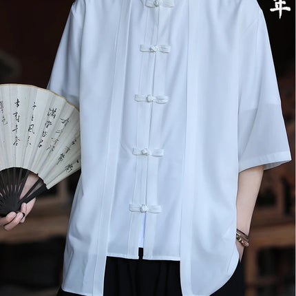 Camicia cinese da uomo in seta di ghiaccio stile cinese comoda camicia retrò traspirante da uomo casual estiva vestibilità ampia moda tinta unita
