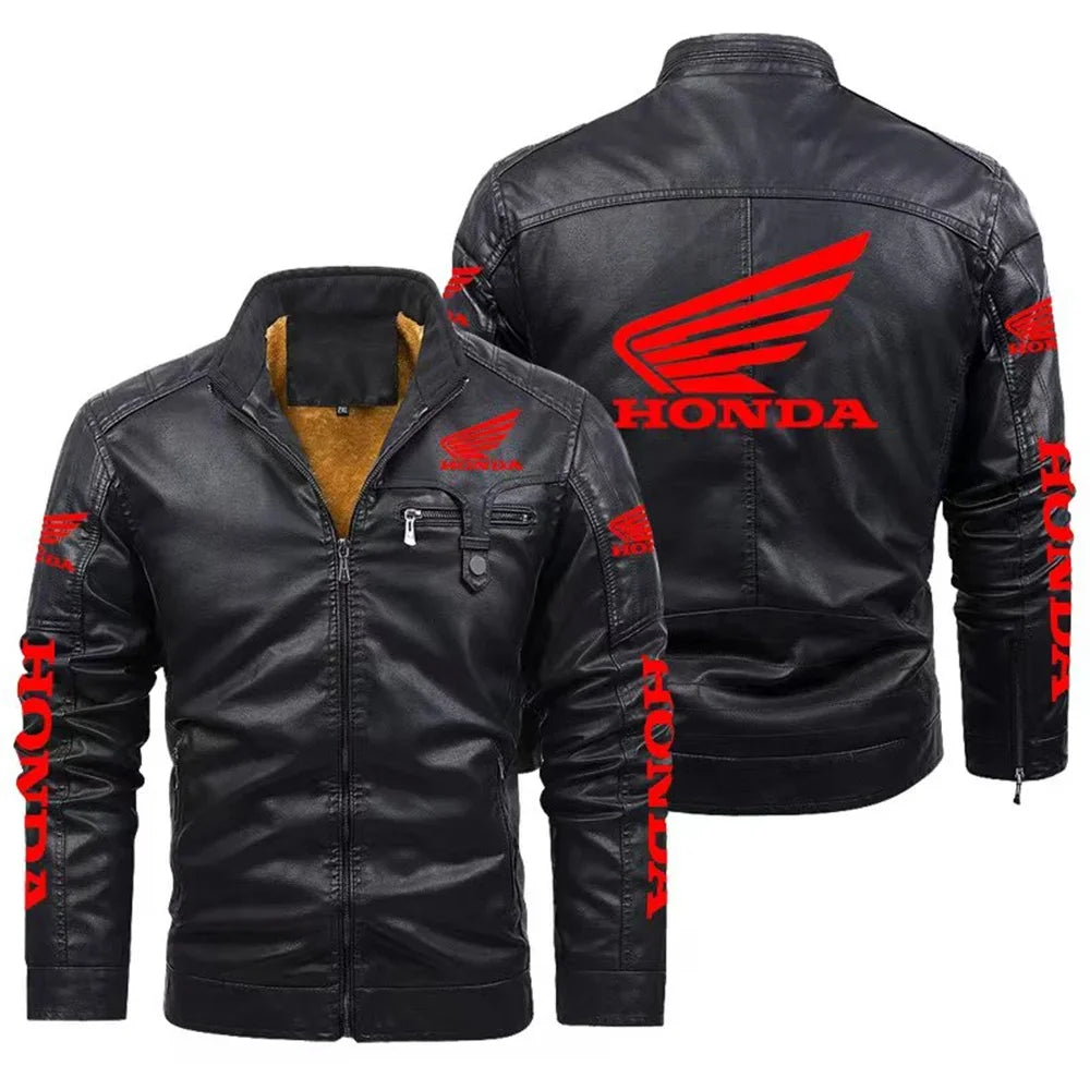Men's Vintage Warm Leather Jacket Honda Motorcycle Racing Zipper Windbreaker Top Outdoor Fashion Winter 1
