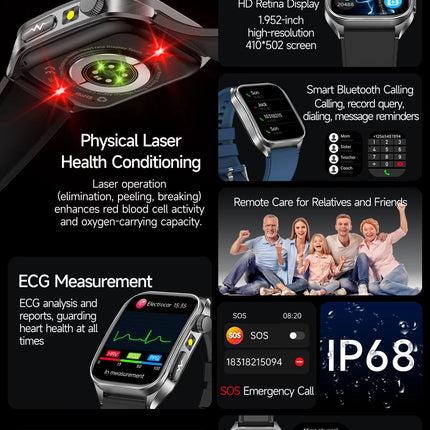 2025 Trattamento laser Tre Smartwatch alti 1.95 "Schermo curvo in zaffiro ECG + PPG Grasso nel sangue Acido urico Diagnosi salute Smartwatch platinumshop