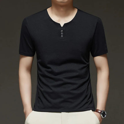 2025 New Men's Business Casual Three Button V-neck Short Sleeved T-shirt Korean Style Summer Comfortable Versatile Top PlatiNum