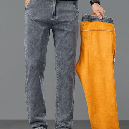 Thick Warm Slim Fleece Jeans Men's Winter New Business Stretch Velvet  Trousers Korean Gray Plush Denim Pants Male