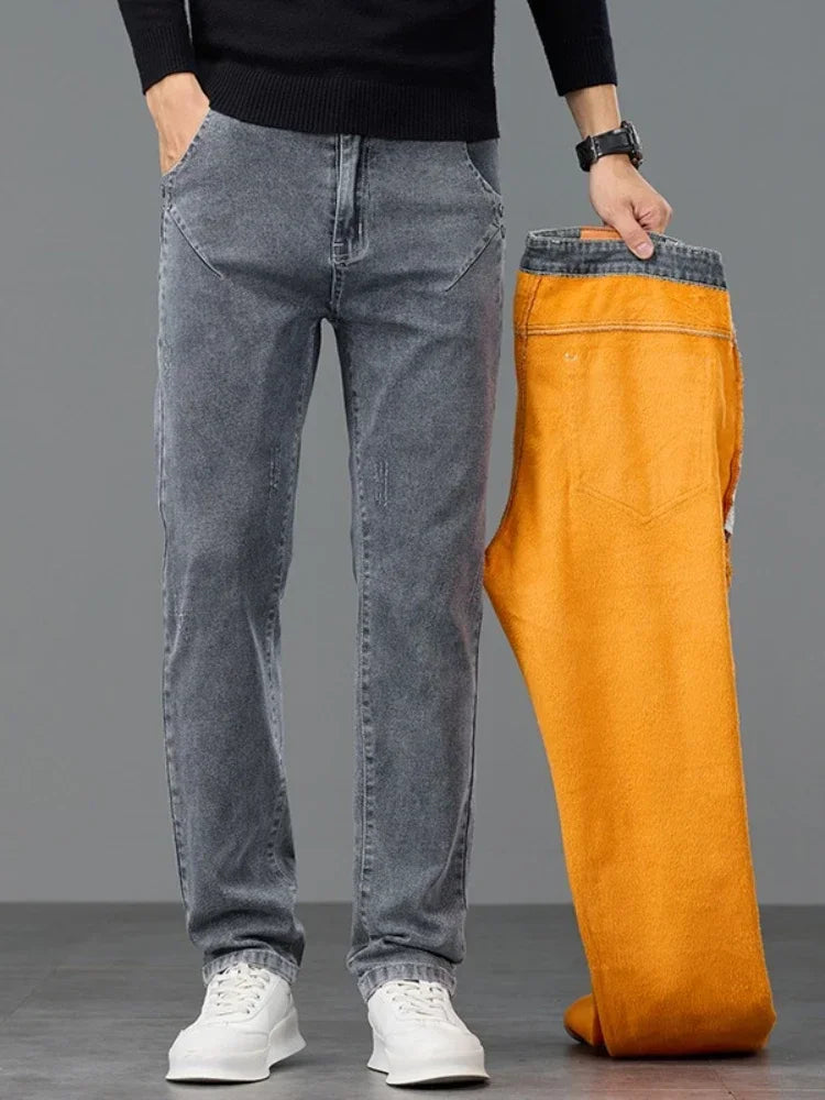 Thick Warm Slim Fleece Jeans Men's Winter New Business Stretch Velvet  Trousers Korean Gray Plush Denim Pants Male