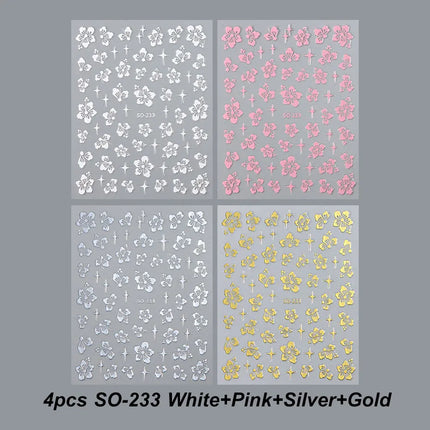 4pcs Hibiscus Flower Nail Art Sticker 3D White Pink Floral Decal Y2K Gold Silver Petal DIY Romantic Self-Adhesive Manicure Decor