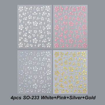 4pcs Hibiscus Flower Nail Art Sticker 3D White Pink Floral Decal Y2K Gold Silver Petal DIY Romantic Self-Adhesive Manicure Decor