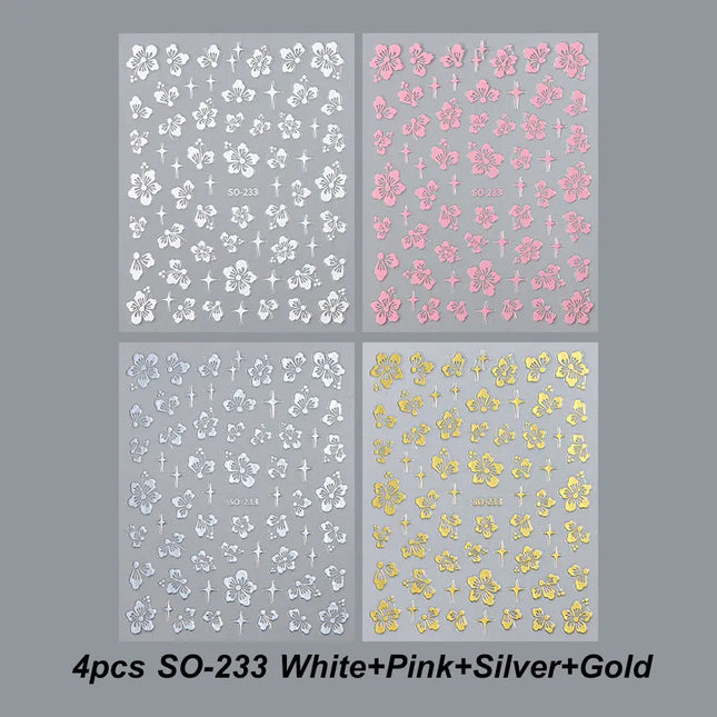 4pcs Hibiscus Flower Nail Art Sticker 3D White Pink Floral Decal Y2K Gold Silver Petal DIY Romantic Self-Adhesive Manicure Decor