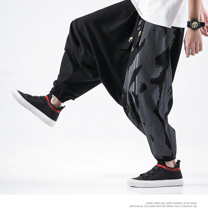 Pantaloni alla moda da uomo Samurai giapponese Ukiyo-e Cintura con stampa Pantaloni stile harem da uomo in cotone e lino Casual Oversize Harajuku Pantaloni a gamba larga da uomo