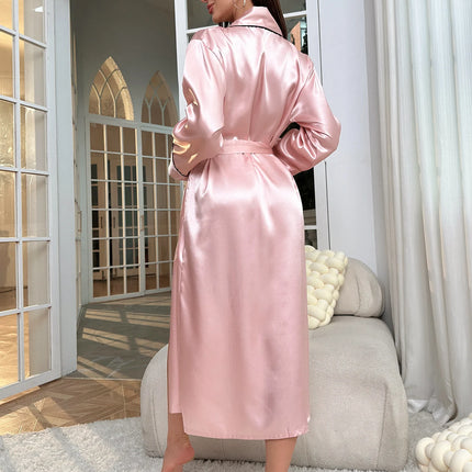 Abito da notte semplice in raso a maniche lunghe con scollo a V e cintura da notte da donna