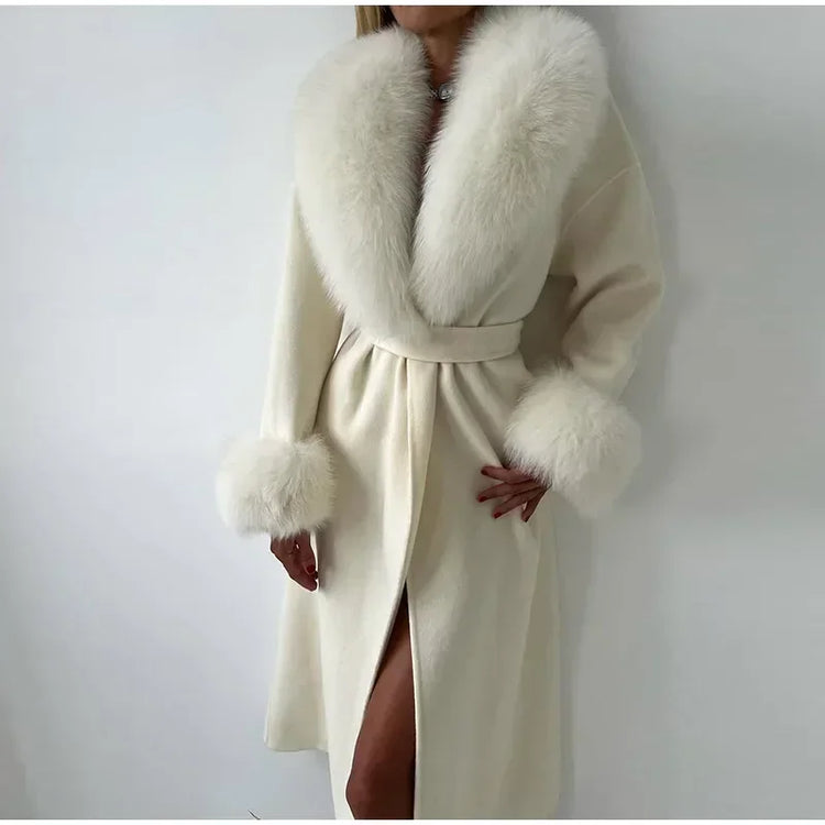 Retro Black Fur Patchwork Woolen Coat Women Chic Full Sleeve V-neck Lace Up Loose Long Overcoat 2025 Lady Winter Commute Outwear