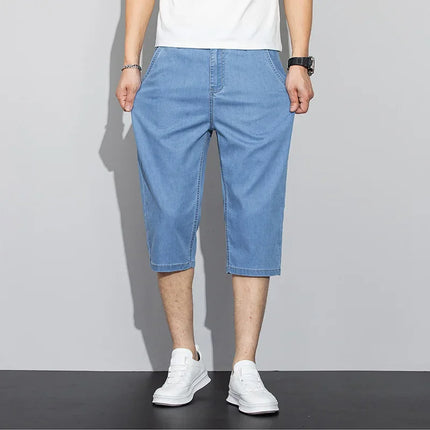 Pantaloncini jeans da uomo estivi sottili in Lyocell Blu Grigio Stile classico Elasticità Pantaloncini di jeans casual da lavoro leggeri e dritti da uomo