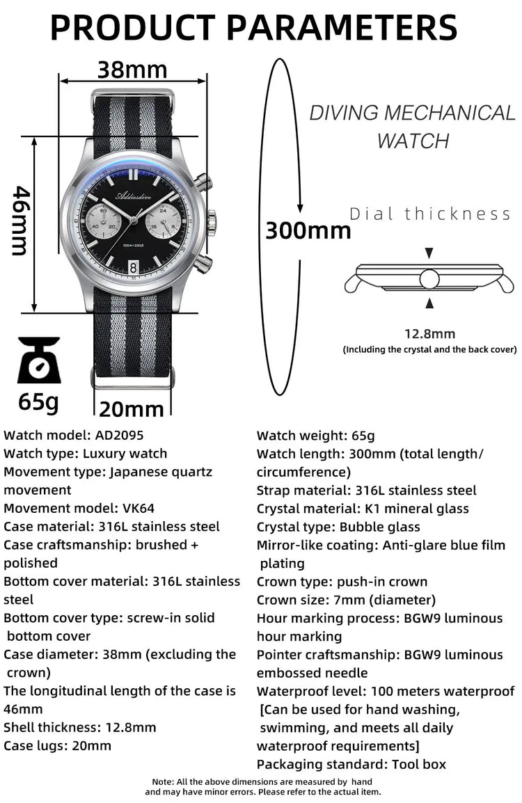 ADDIESDIVE AD2095 Man‘s Chronograph Watch BGW9 Super Luminous 10Bar Waterproof Bubble Mirror Glass VK64 Quartz Steel Wristwatch