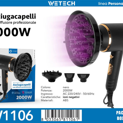 2000W Ionic Hair Blow Dryer With Professional Diffuser & Concentrator Nozzles Quick Dry Hair Care Styling Tool for Home Salon