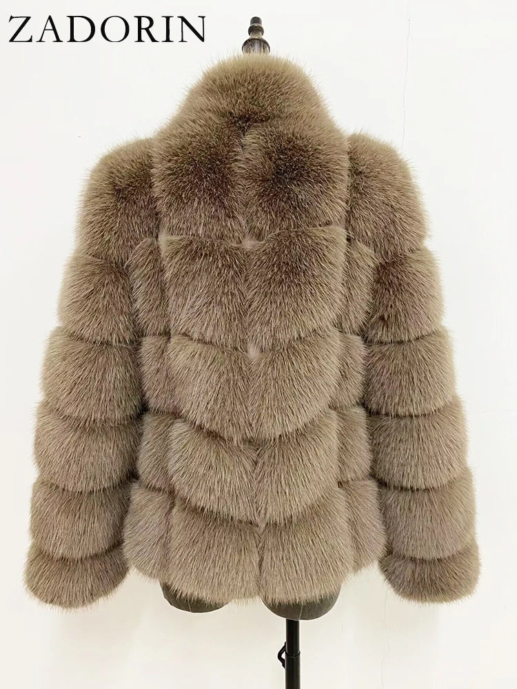 ZADORIN Winter Clothes For Women Stand Collar Splicing Long Sleeve Faux Fur Coat Women Black White Fluffy Jacket Faux Fur Coats