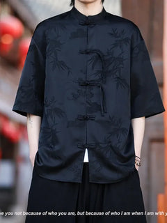Camicia cinese da uomo con foglie di bambù floreali scuri Seta di ghiaccio Estate Confortevole e traspirante Stile retrò Camicie larghe alla moda da uomo Top