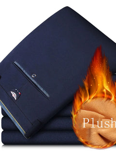 New Winter New Flannel Thick Men's Business Casual Pants Fleece Straight Slim Stretch Warm Plush Trousers Male Black Dark Blue