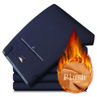 New Winter New Flannel Thick Men's Business Casual Pants Fleece Straight Slim Stretch Warm Plush Trousers Male Black Dark Blue