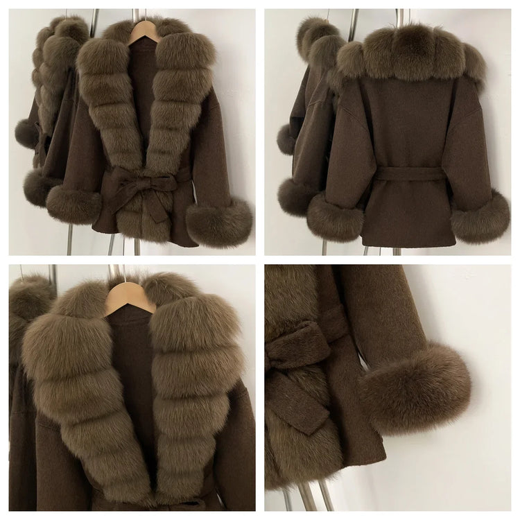 Real Fur Wool Jacket Fashion Reality Fur Jacket Women Natural Fox Fur Cuffs Winter Clothing Female Elegant with Belt Woolen Coat