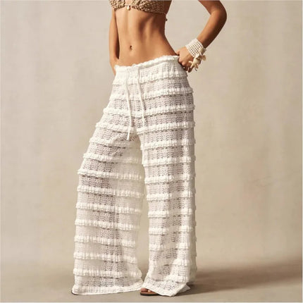 Pantaloni Estivi 2026 Casual Larghi a Gamba Larga in Maglia Tinta Unita da Donna per Vacanze e Spiaggia Stile Semplice Trasparenti platinumshop