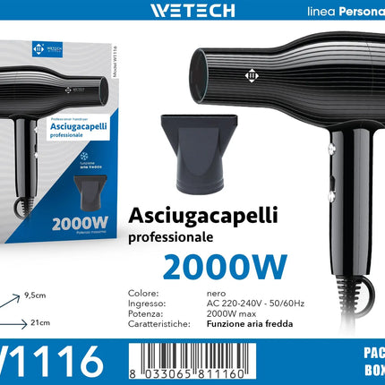 WETECH 2000W Professional Hair Dryer Salon High Power Blow Dryer With Concentrator Nozzle Cool Shot Function Fast Drying Household Hair Styling Tool